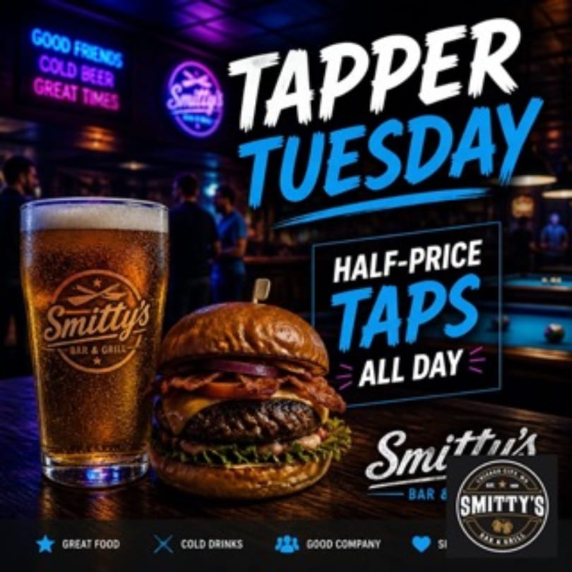 A Smitty's beer and burger on a table with neon signs in the background.