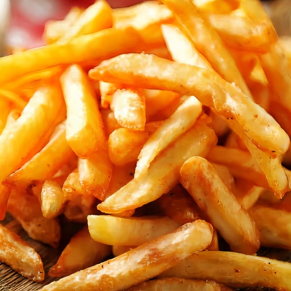 Close-up of a pile of golden-brown, crispy french fries from Smitty's Bar.