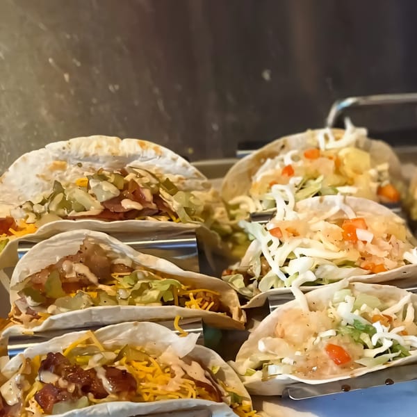 Several Smitty's Bar tacos with various fillings, including shredded cheese, lettuce, and sauces.