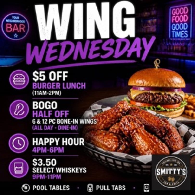 Smitty's Bar & Grill's "Wing Wednesday" ad with a burger, fries, and chicken wings.