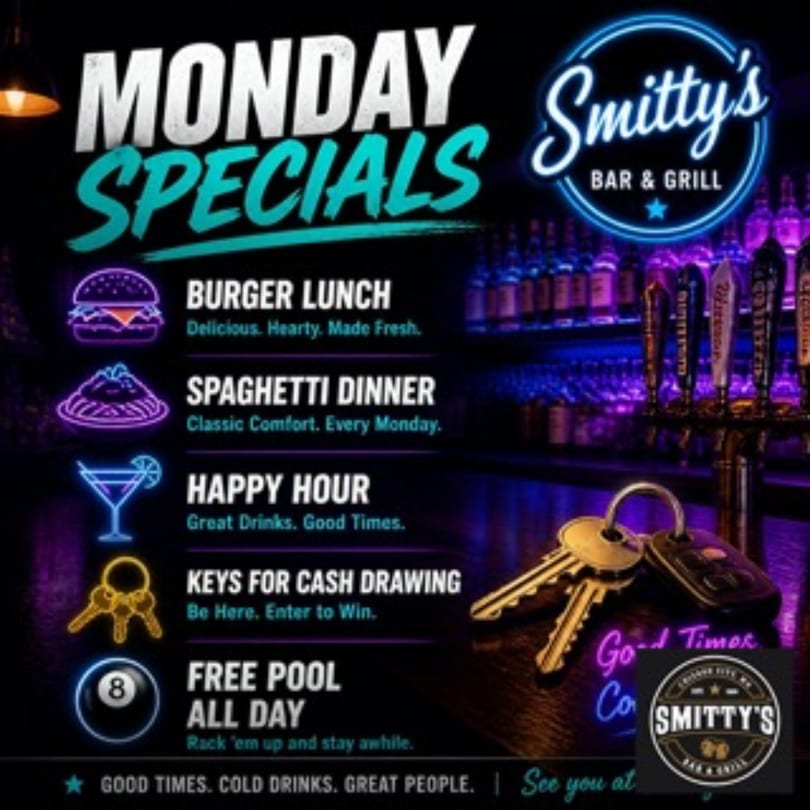 Smitty's Bar & Grill Monday Specials neon sign with burger, spaghetti, cocktail, keys, and pool ball icons.