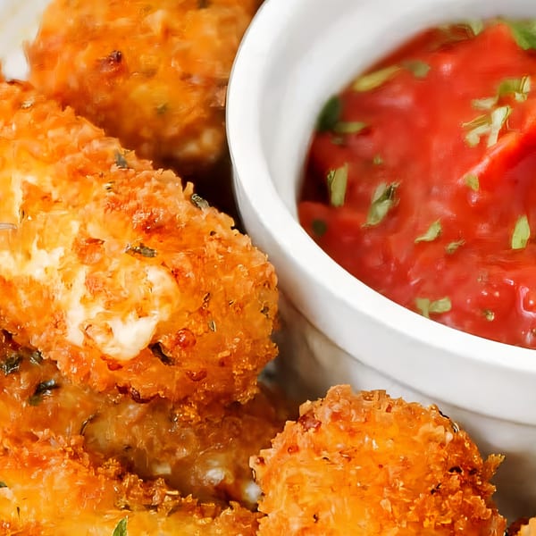 Golden-brown fried cheese curds with a side of red marinara dipping sauce at Smitty's Bar.