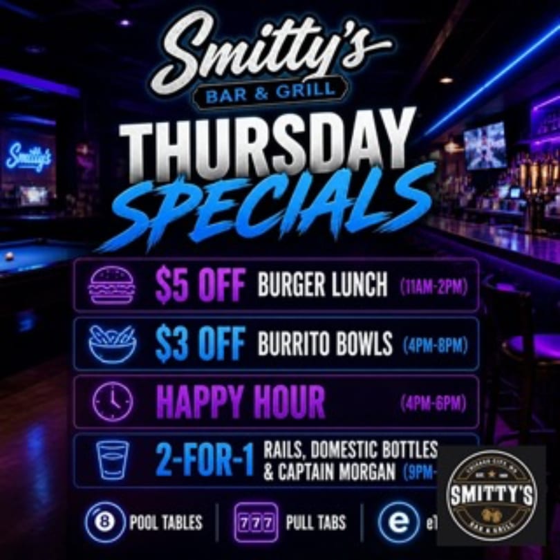 Smitty's Bar & Grill Thursday Specials neon sign with burger, burrito, happy hour, and drink deals.